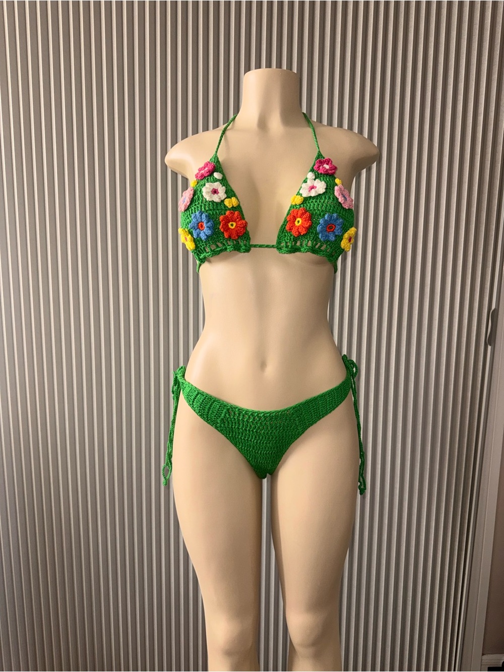 Green Crochet Floral Triangle Bikini Top and Tie-Side Bottoms